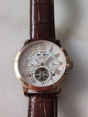 OLEVS Brown Leather Men's Watch-Style Crossbody Bag